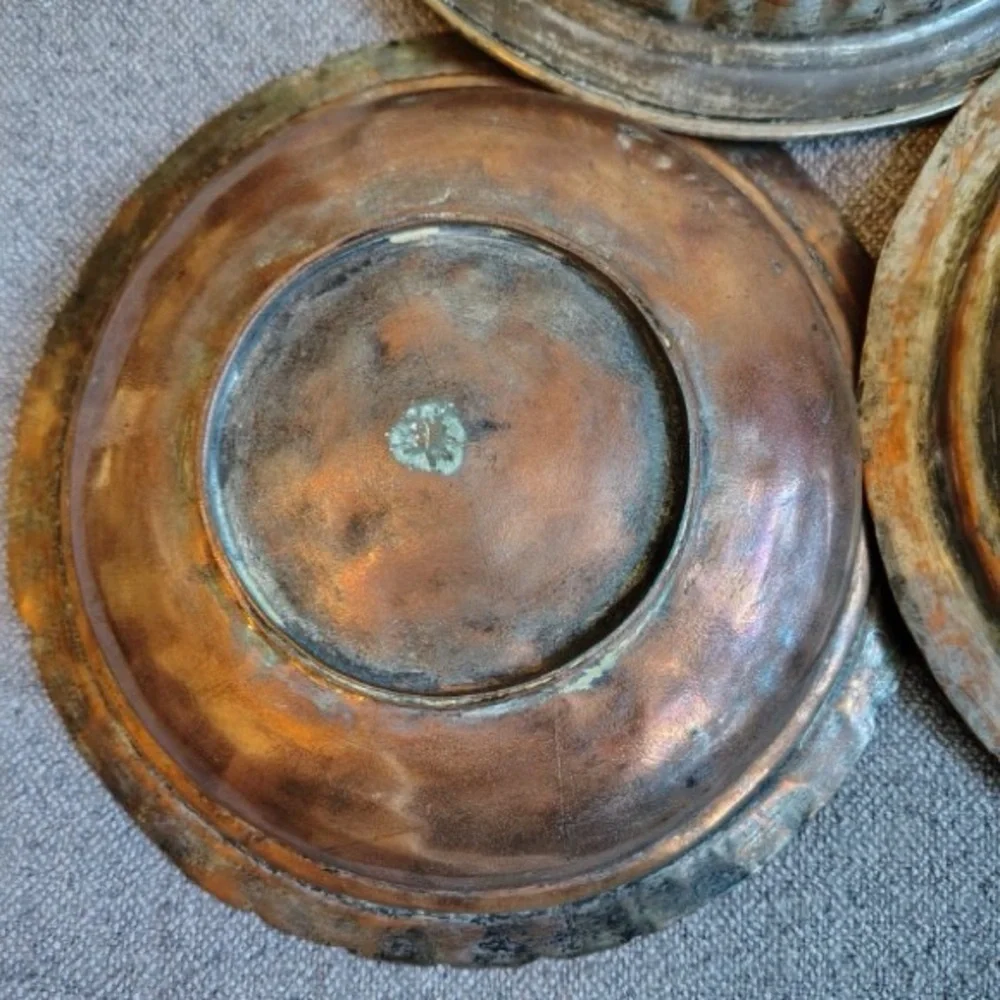 Vtg Handmade Copper Bowls (3) Patina Heavy Primitive Metal Fluted Ribbed Engrave